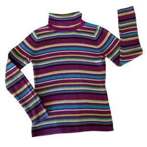 J. Khaki Striped Turtleneck Sweater Ribbed Long Sleeves Purple Green Blue Girl M